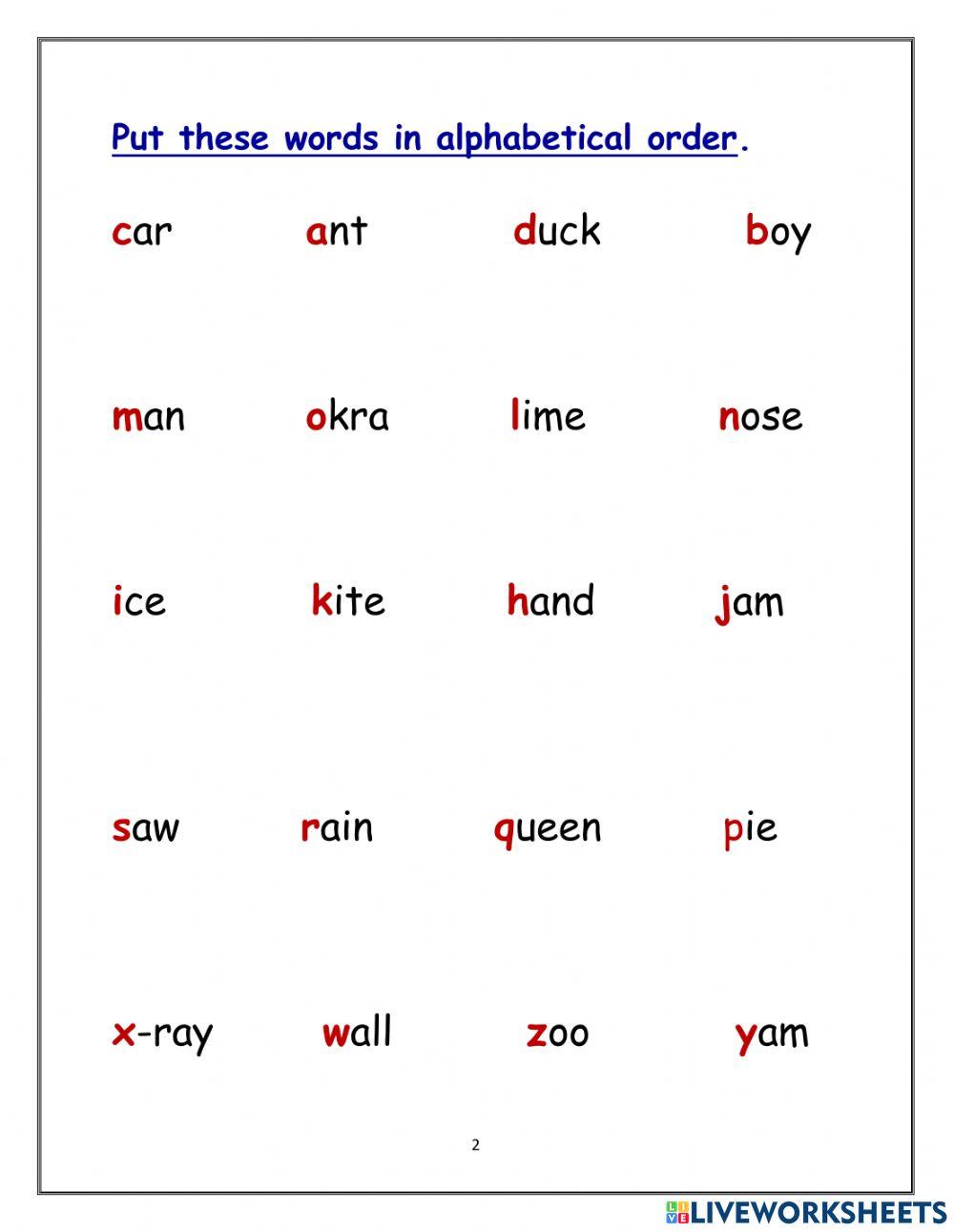 Arrange these letters and words in alphabetical order (ABC) online ...
