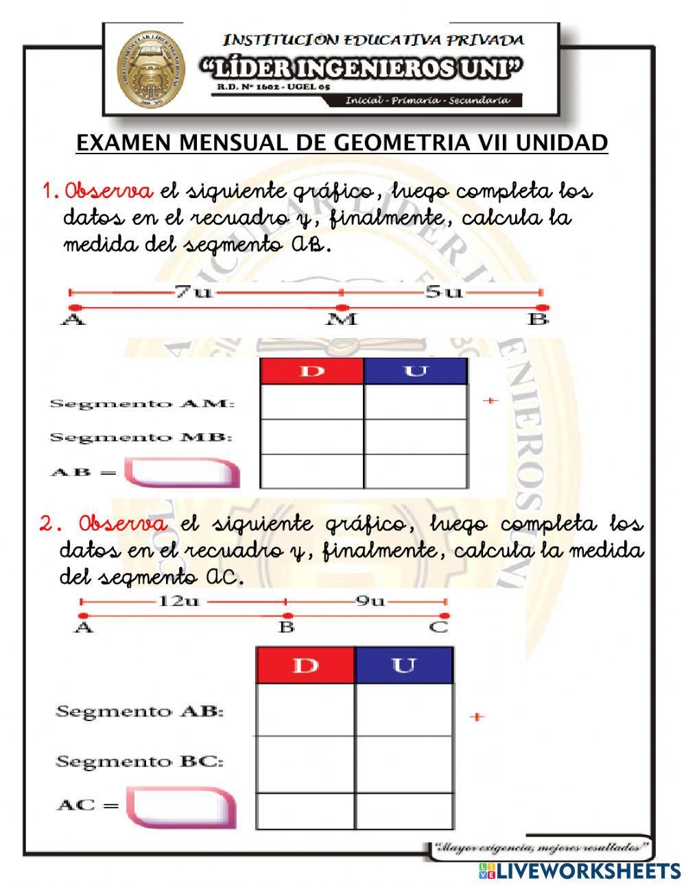 Examen mensual de geometria vii unidad