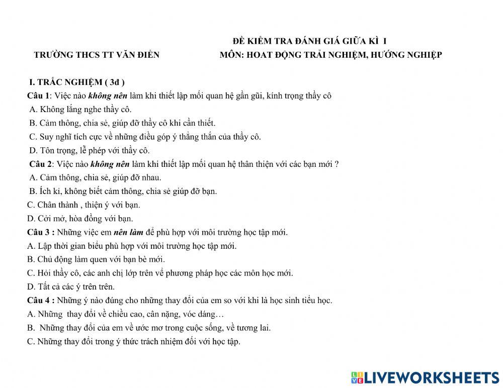 Kiểm tra giữa học kì 1 môn HĐTNHN