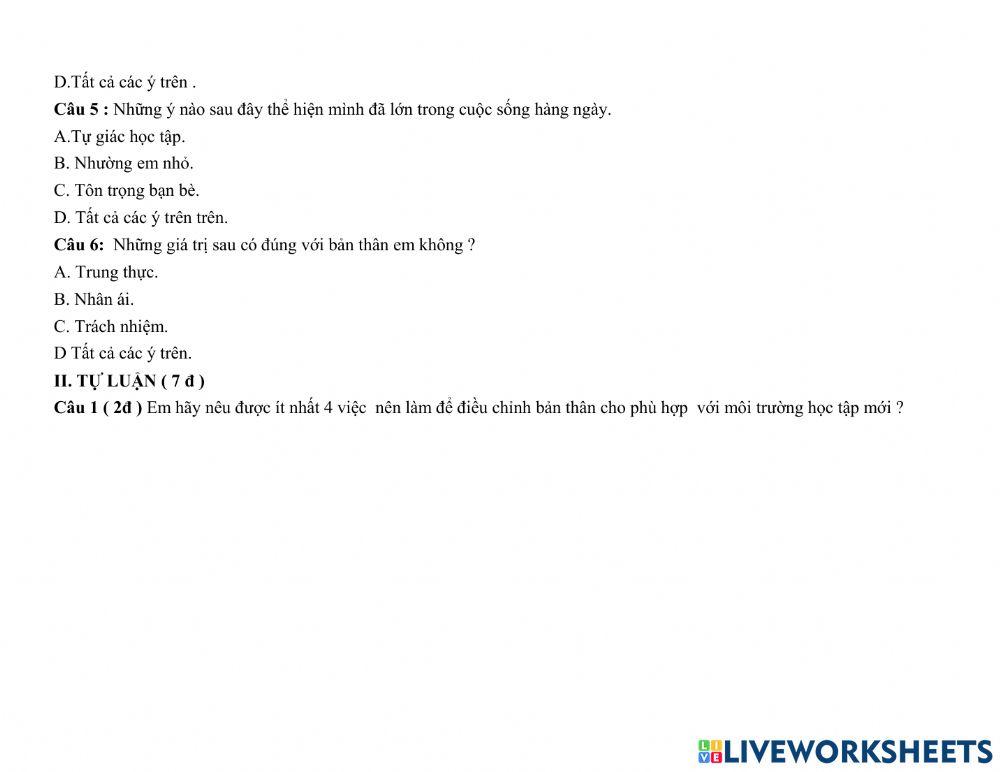 Kiểm tra giữa học kì 1 môn HĐTNHN