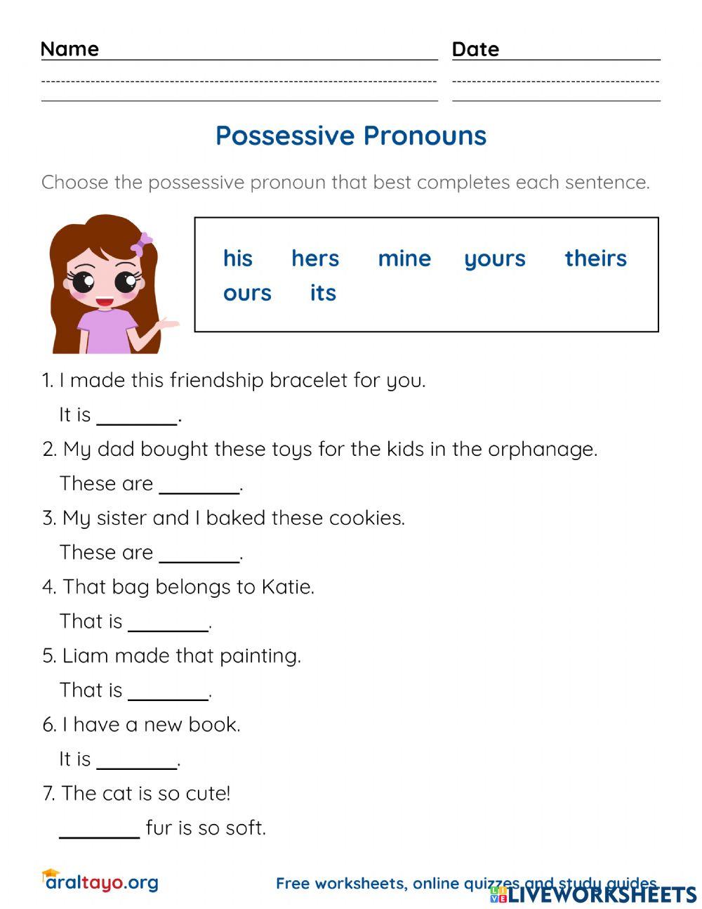 1654323 | Possessive Pronouns Worksheet | AralTayoOrg