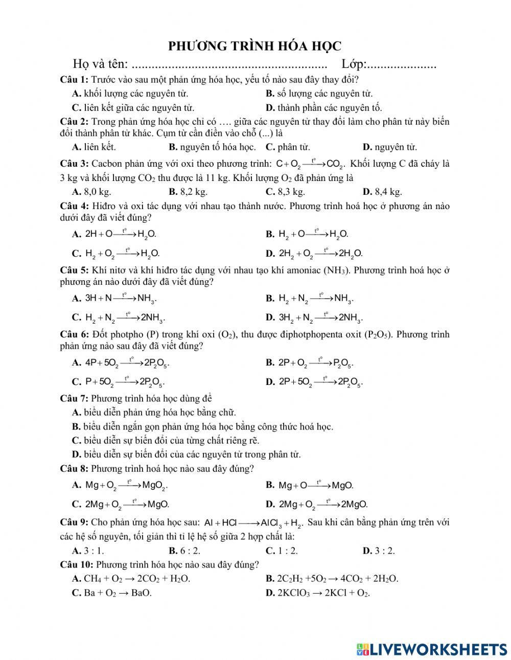 Luyện tập phương trình hóa học (T1)