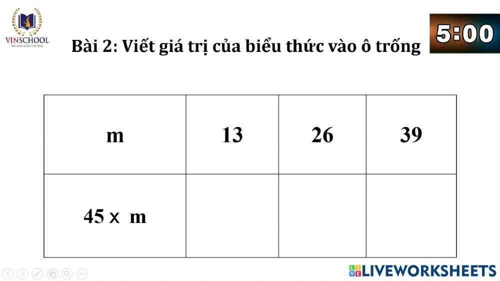 Viết giá trị của biểu thức vào ô trống