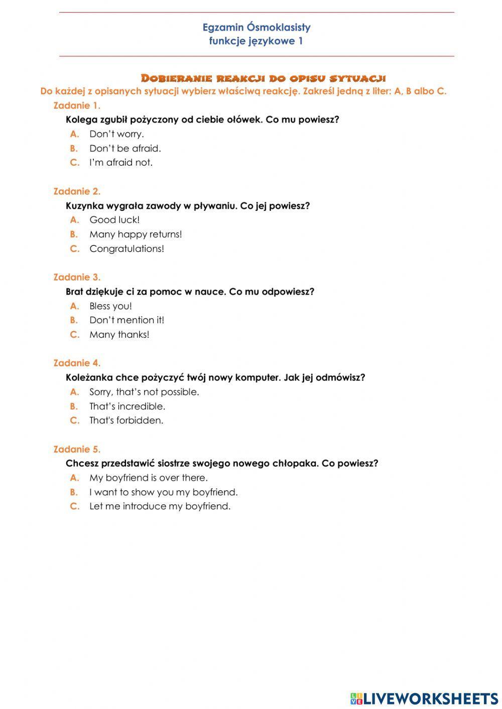 E8 Środki językowe - dobieranie reakcji do opisu sytuacji 1