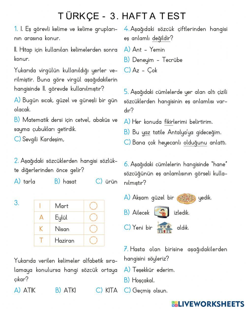 Türkçe 3. Hafta Test