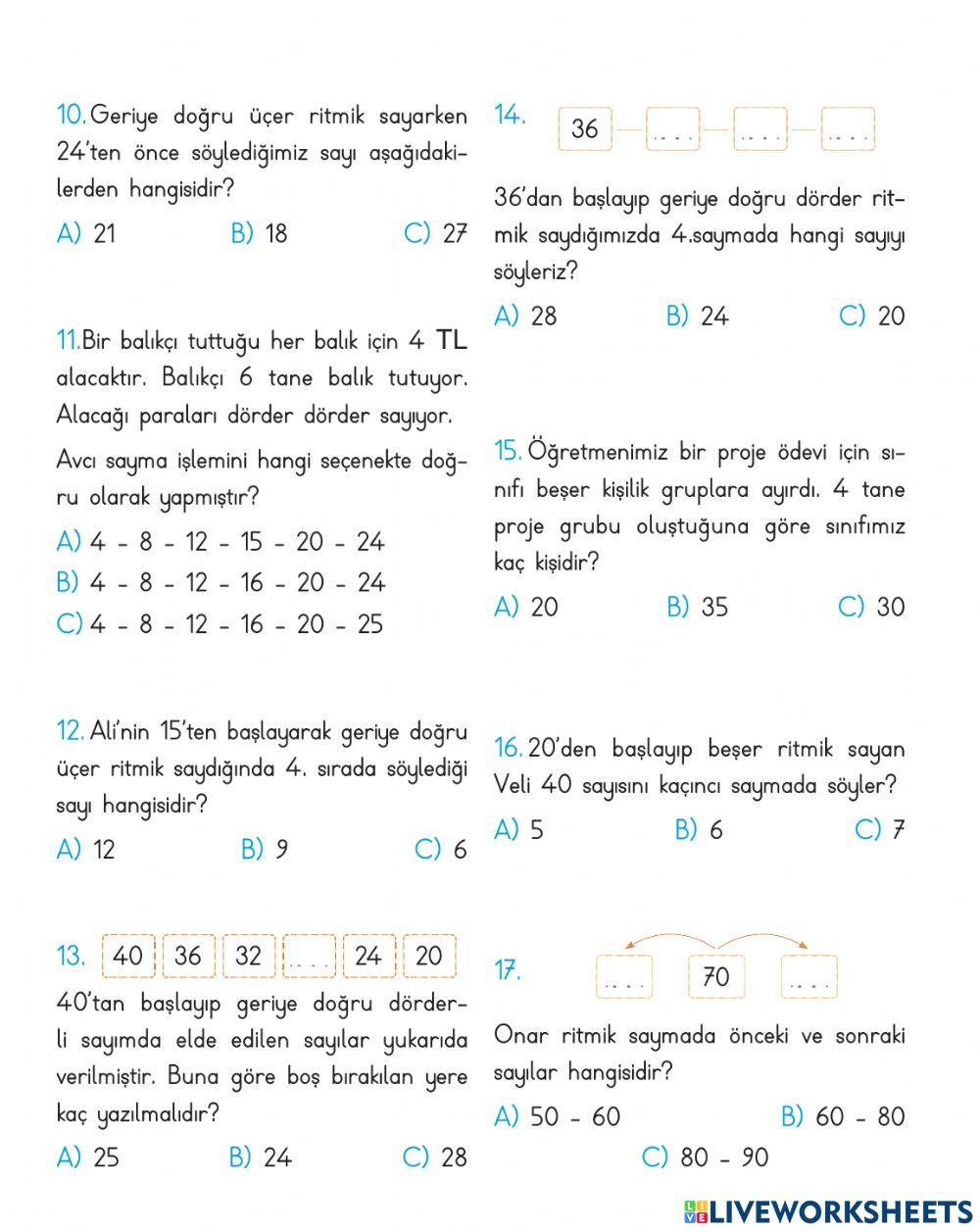 Matematik 3. Hafta Test