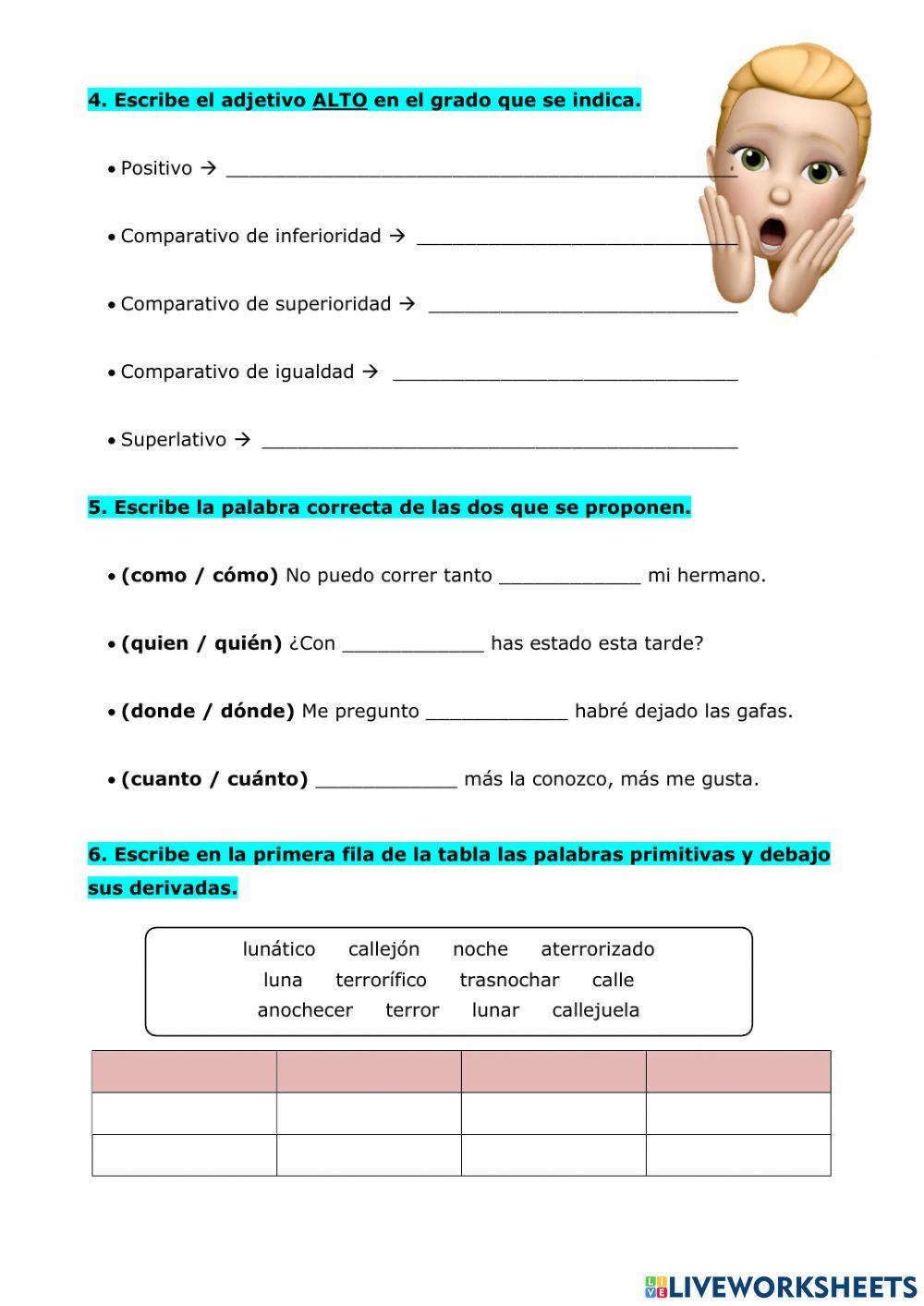 Repaso U3. Adjetivos, nombres, palabras primitivas, palabras interrogativas y exclamativas