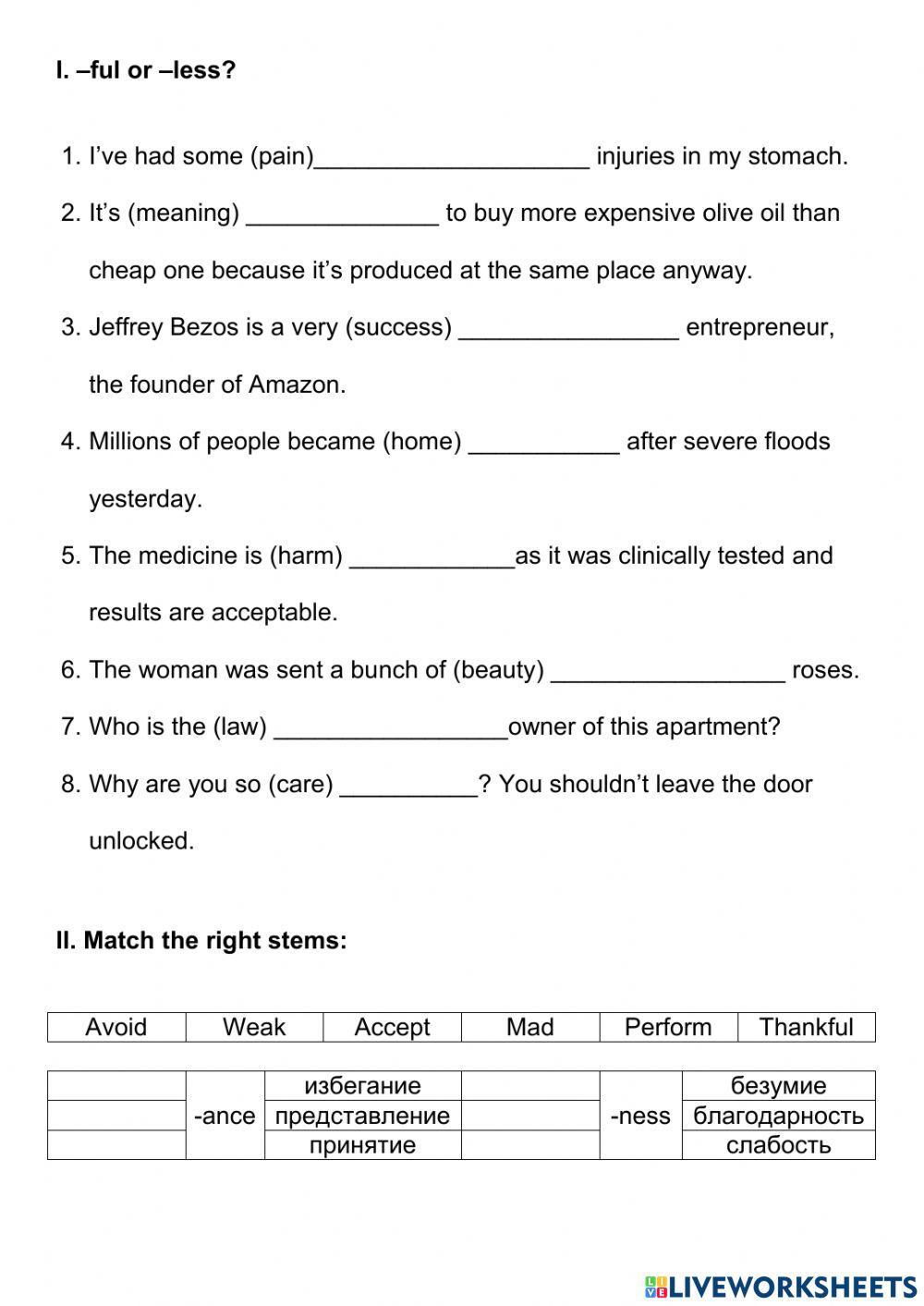 Suffixes (-full, -less, -ance, -ness, -(a)tion, -sion)