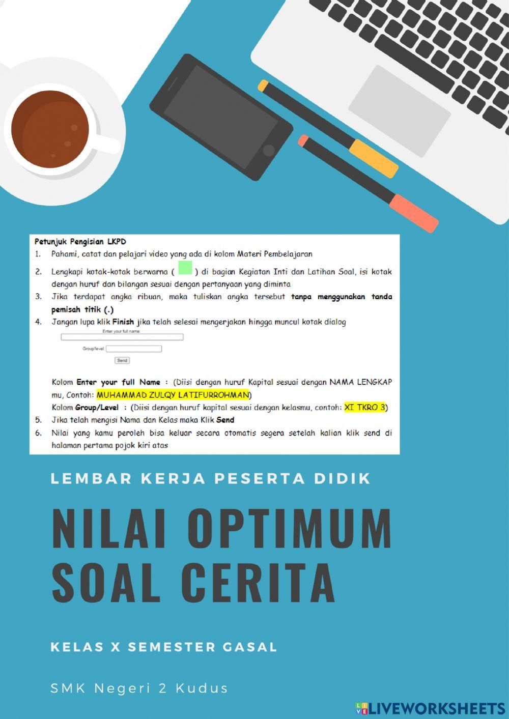 Menentukan Nilai optimum dari soal cerita
