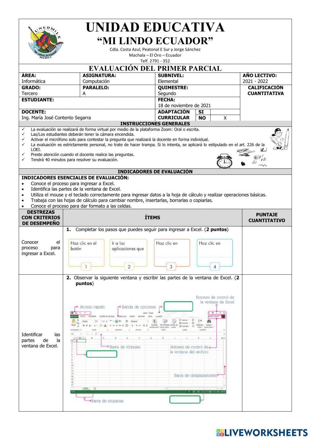 Evaluación de Computación Tercer Grado del Primer Parcial Segundo Quimestre