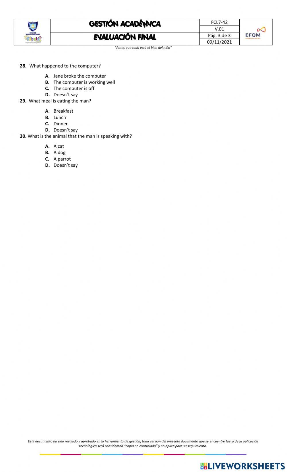 English final evaluation fourth period 3grade