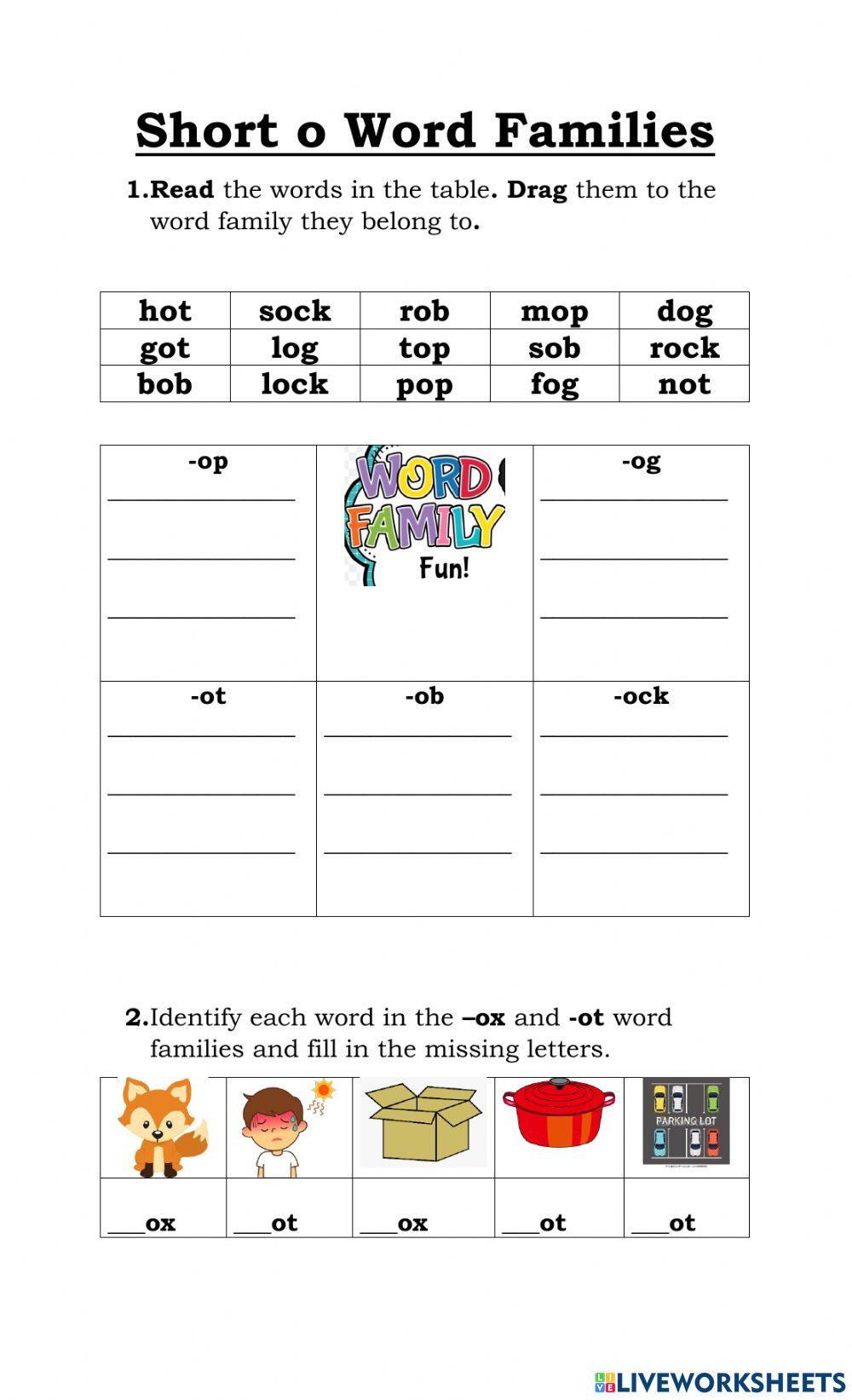 Short o Word Families worksheet | Live Worksheets