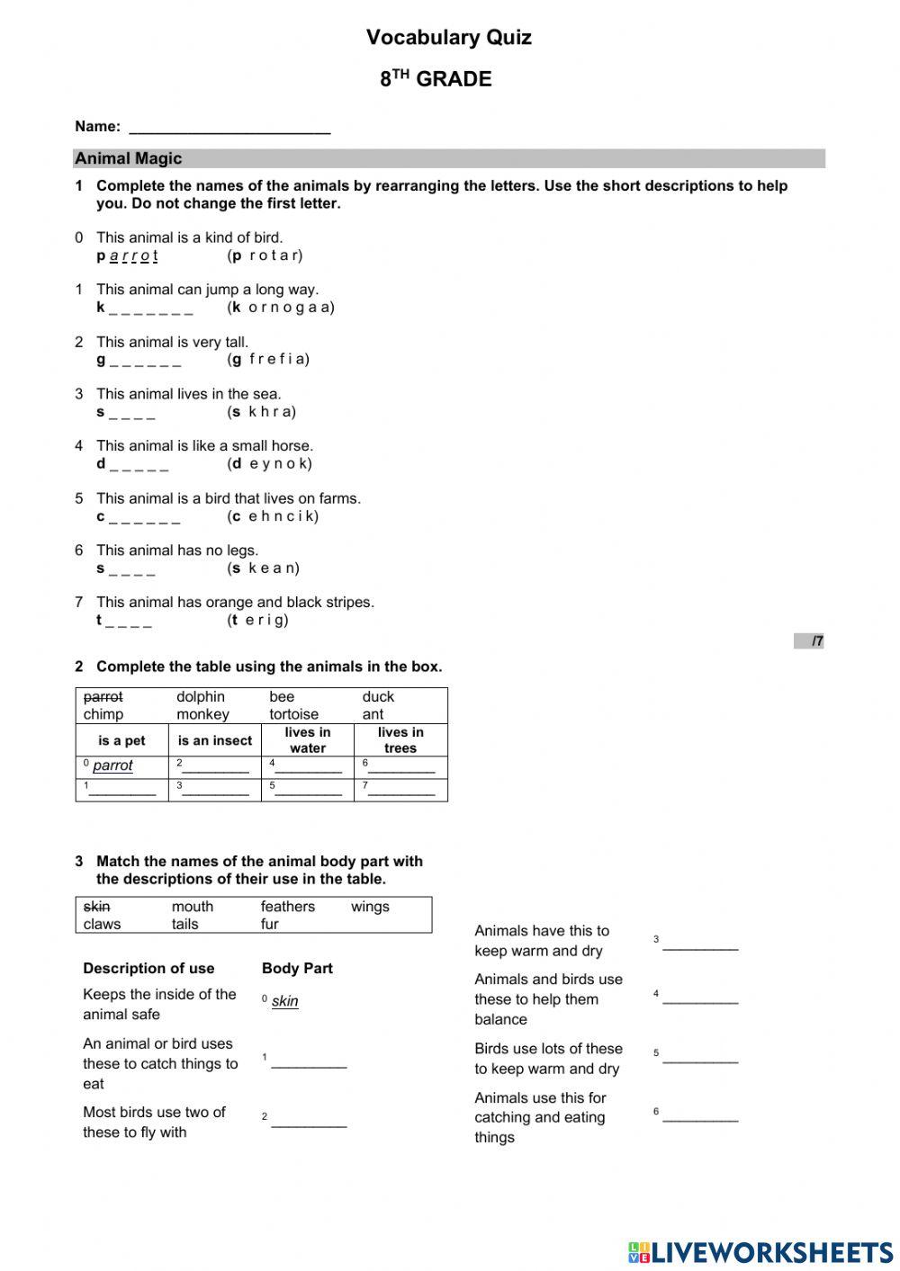 8th grade - animal magic vocabulary quiz