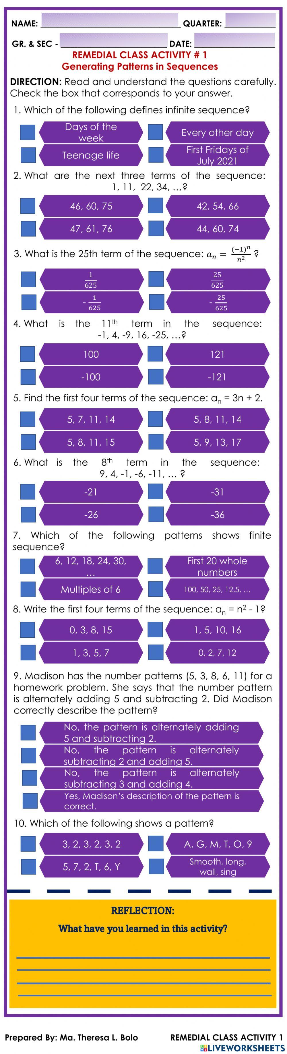 REMEDIAL CLASS ACTIVITY - 1: Generating Sequences in Patterns