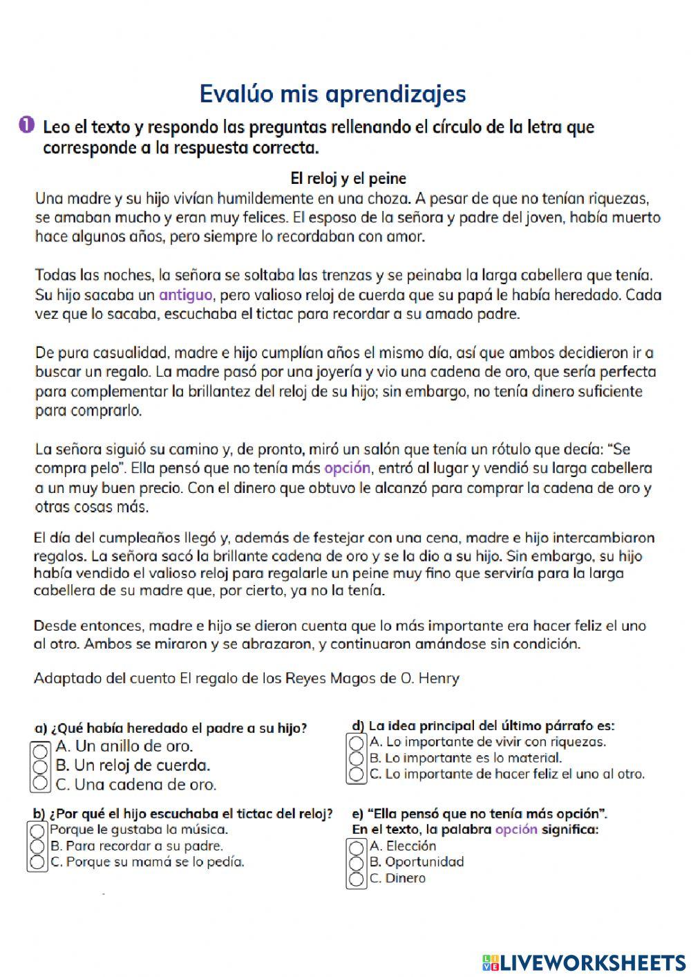 Comprensión lectora: El reloj y el peine