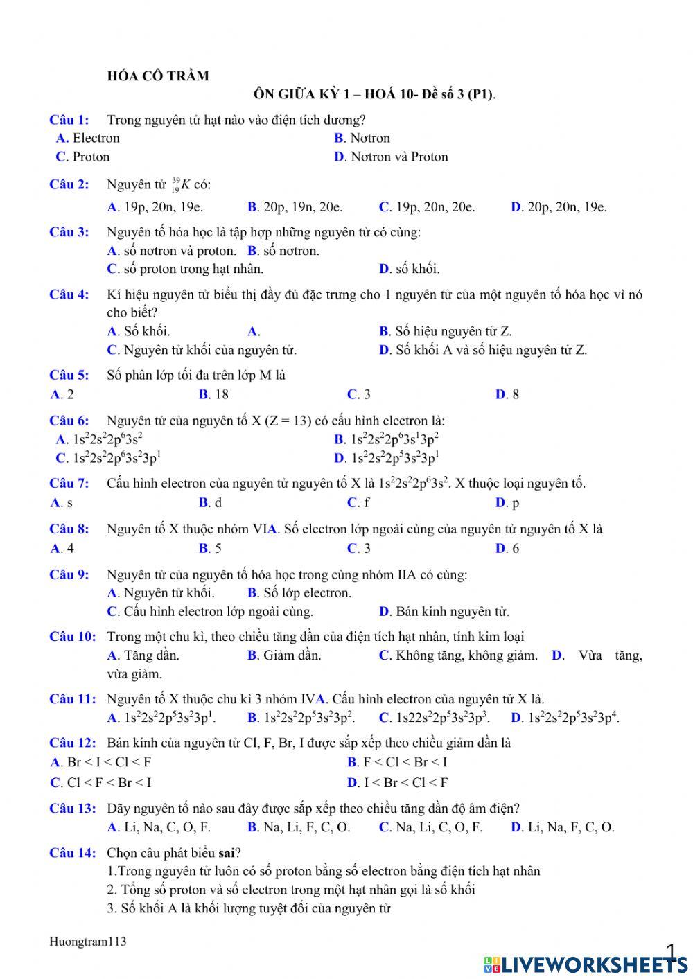 Ôn giữa kỳ 1 hóa 10 - đề số 3 - p1