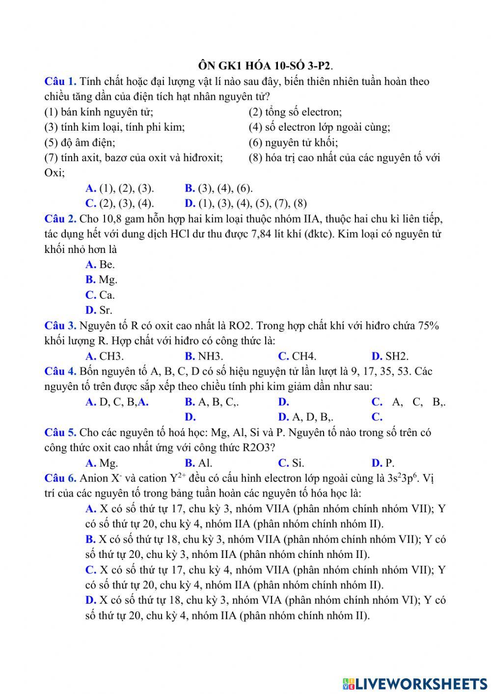 Ôn giữa kỳ 1 hóa 10- đề số 3 p2