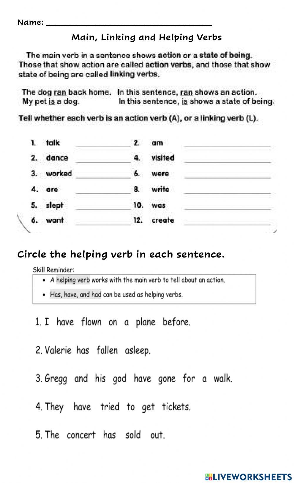 linking helping and action verbs online exercise for Live Worksheets