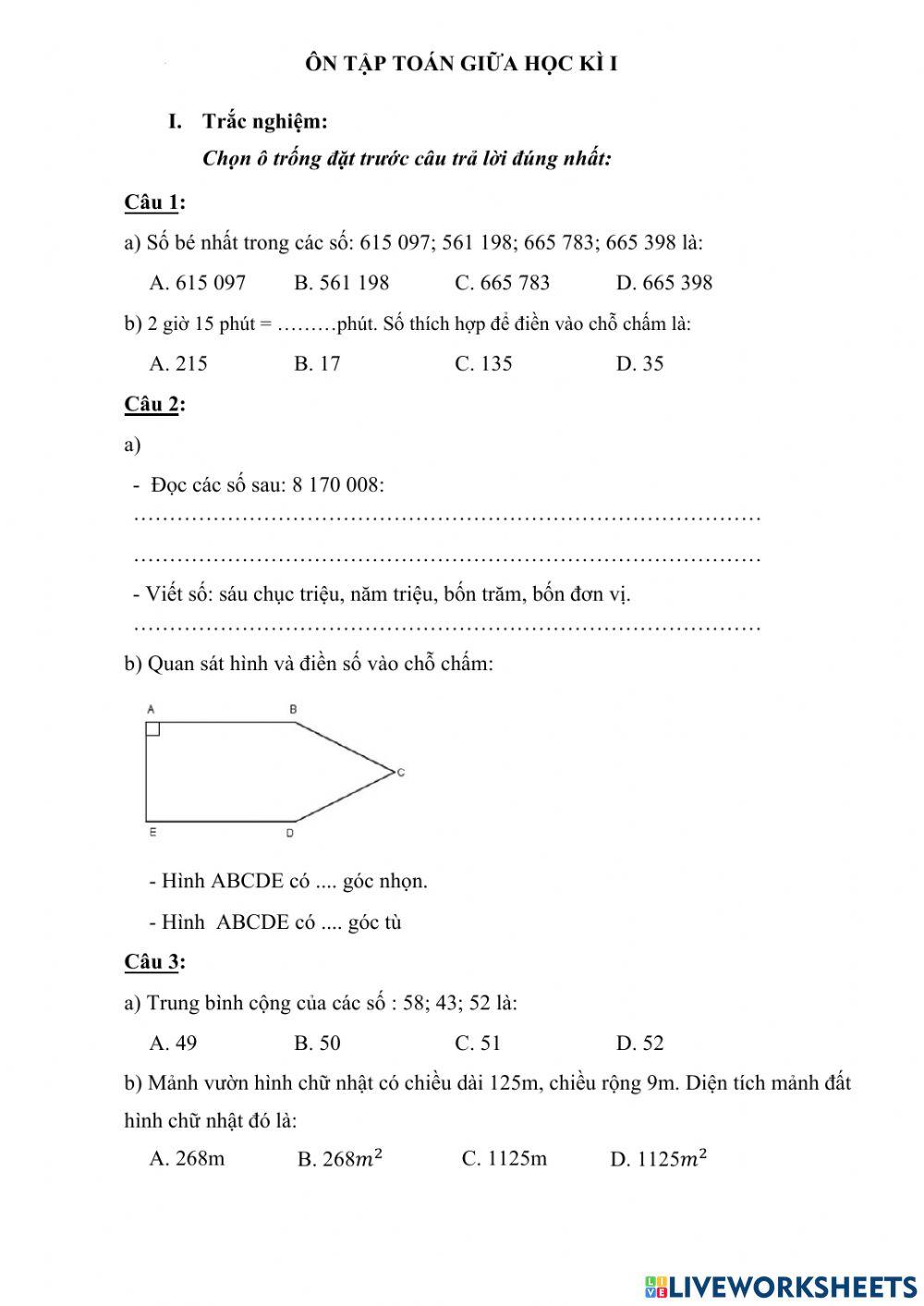 Ôn tập toán giữa học kì I