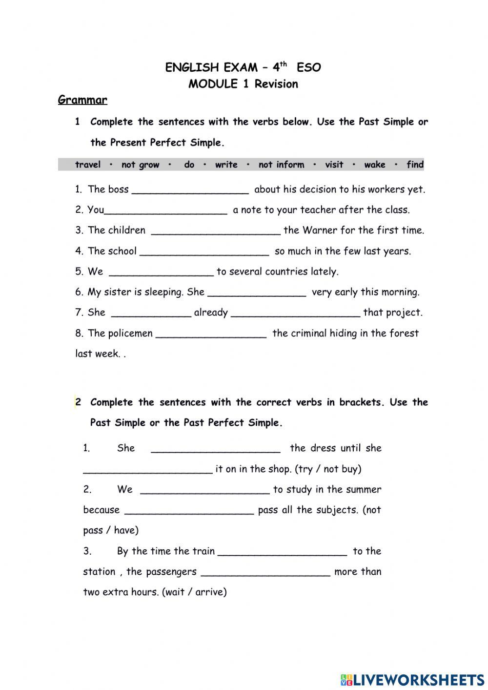 Present perfect simple, past simple, past perfect simple, gerunds and to