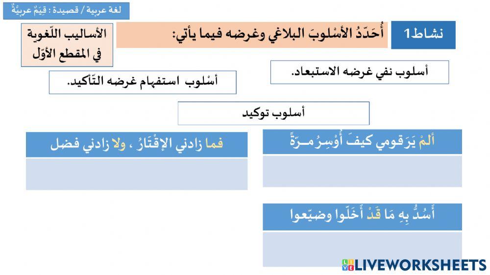 أساليب المقطع الأول من : قيم عربية