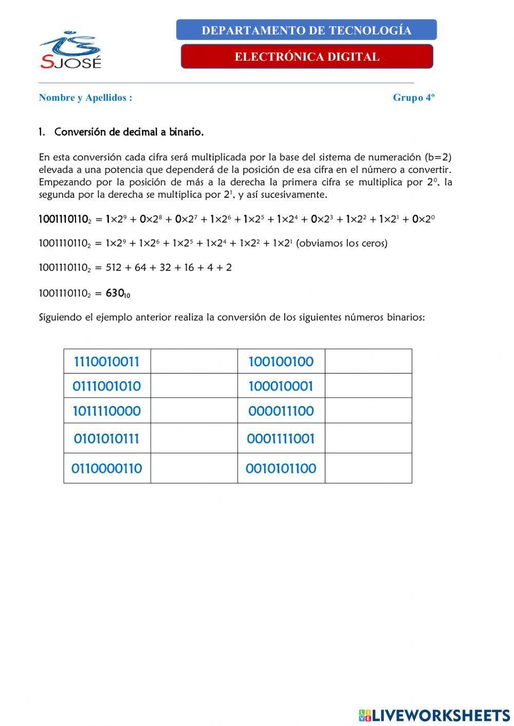 Conversión Binario a Decimal Conversión Binario a Decimal
