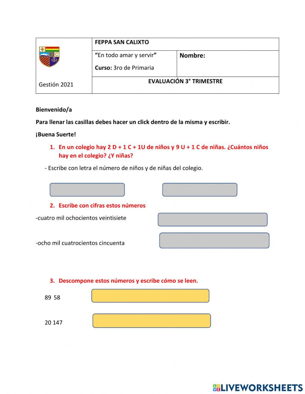 Evaluación 3° Trimestre Matemáticas
