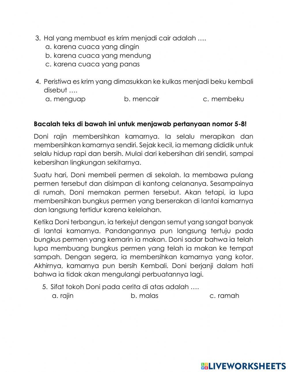 Class Test Bahasa Indonesia Grade 3 Darwin
