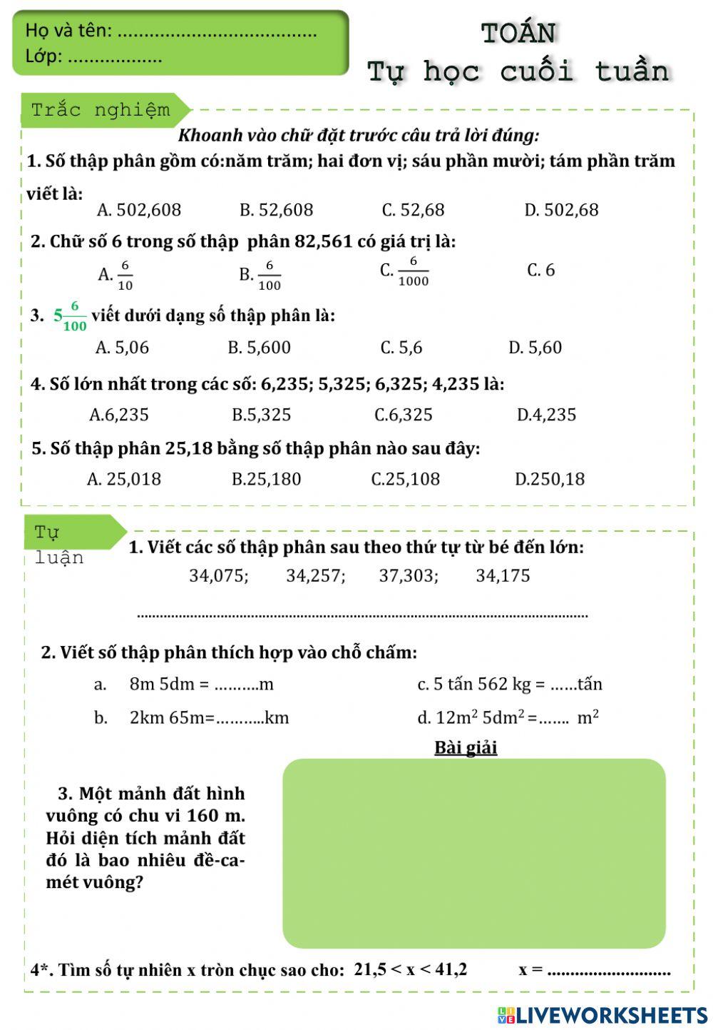 Phiếu cuối tuần toán