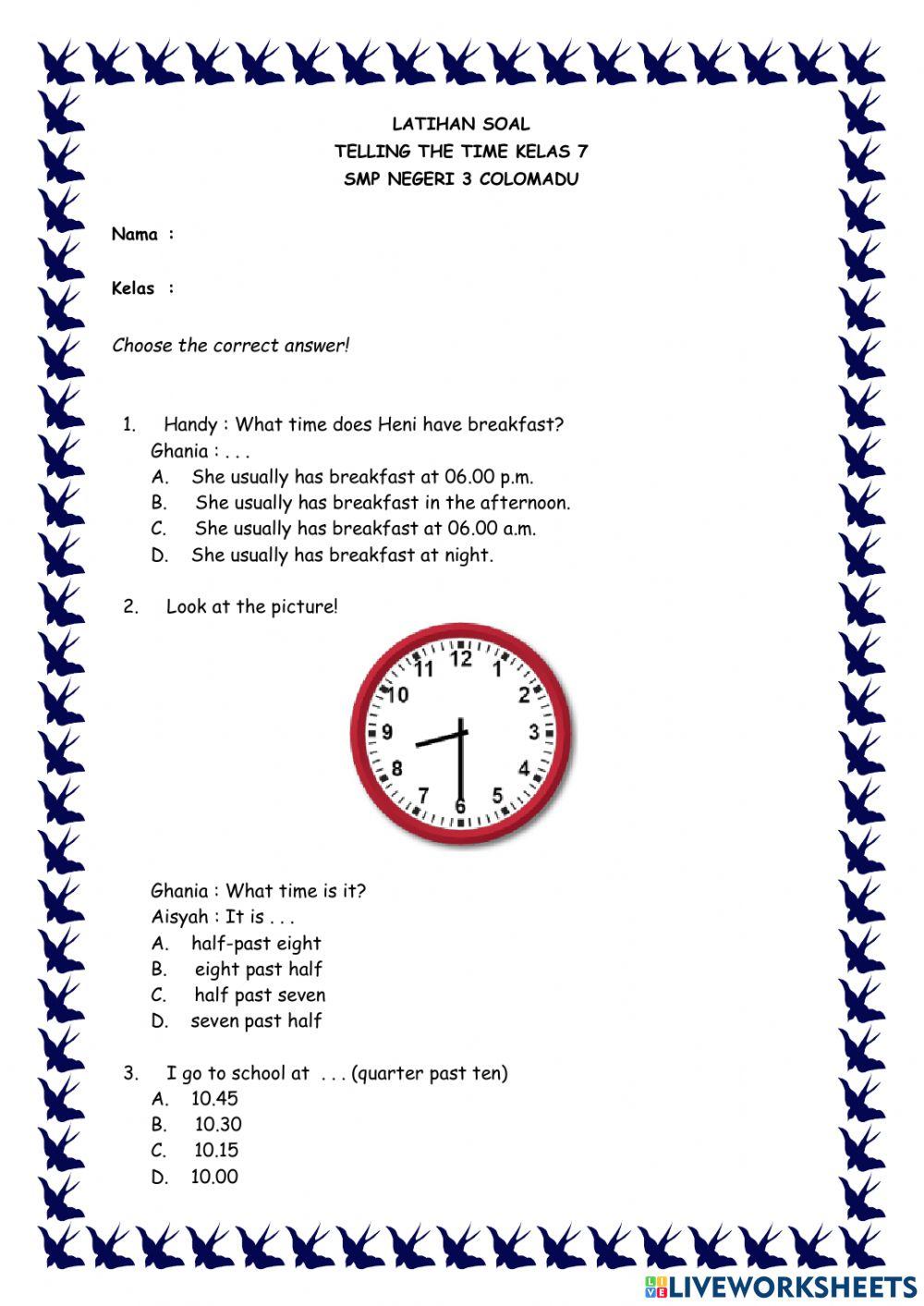 Telling the time liveworksheets 1658275