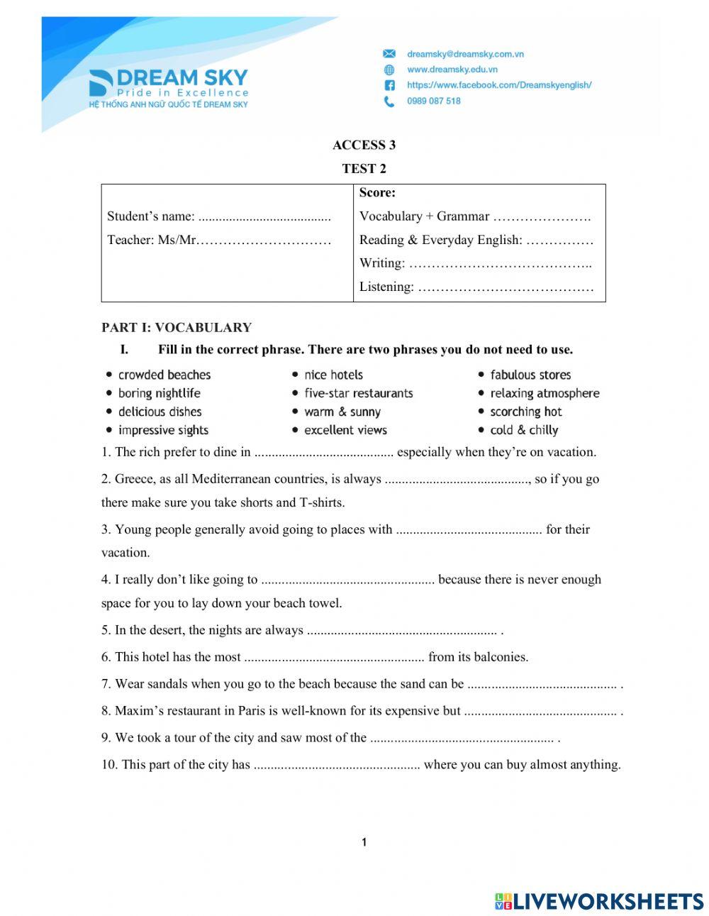 DS - Access 3 - Test 2 - Vocab + Grammar