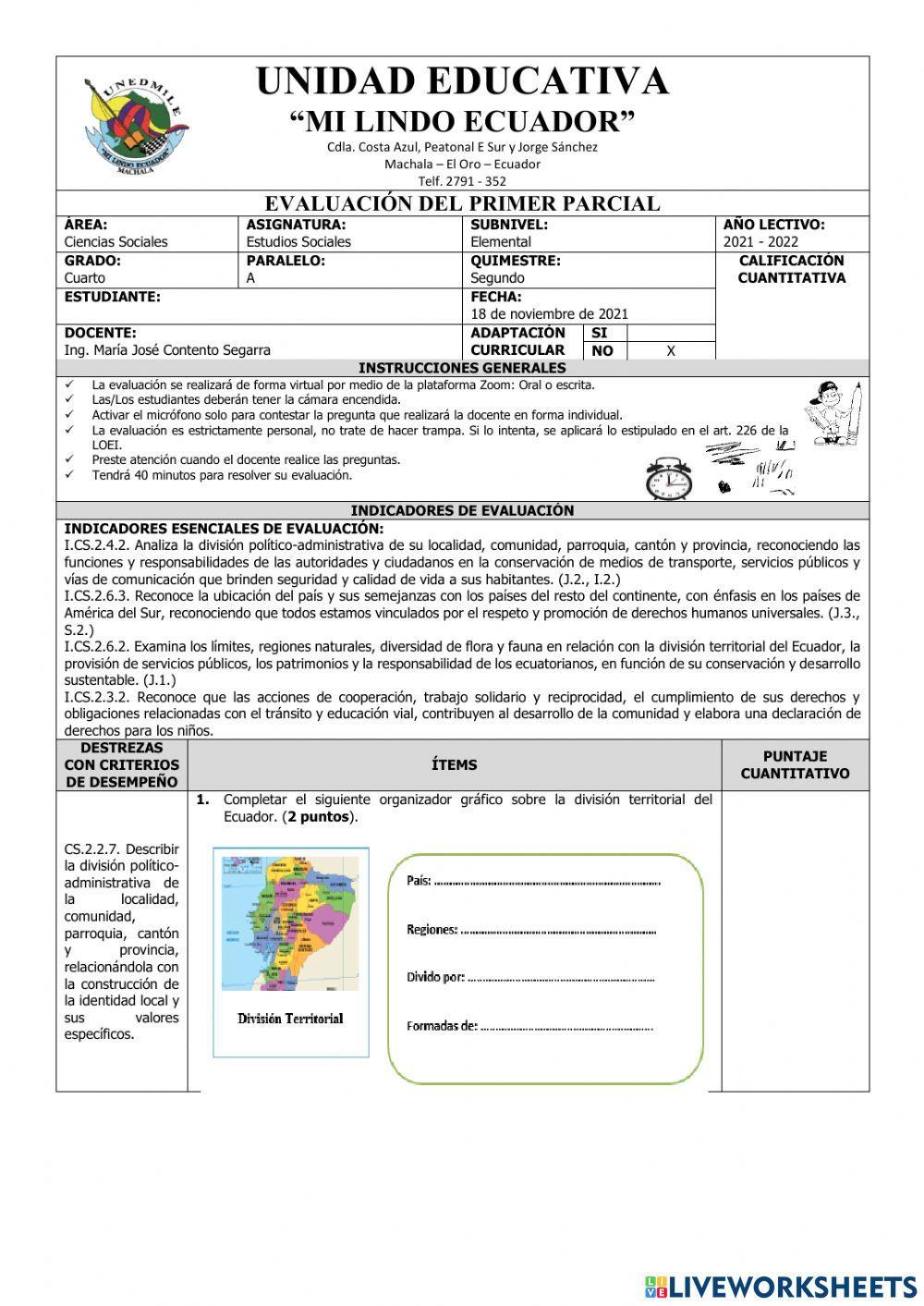 Evaluación del Primer Parcial de Estudios Sociales del Segundo Quimestre