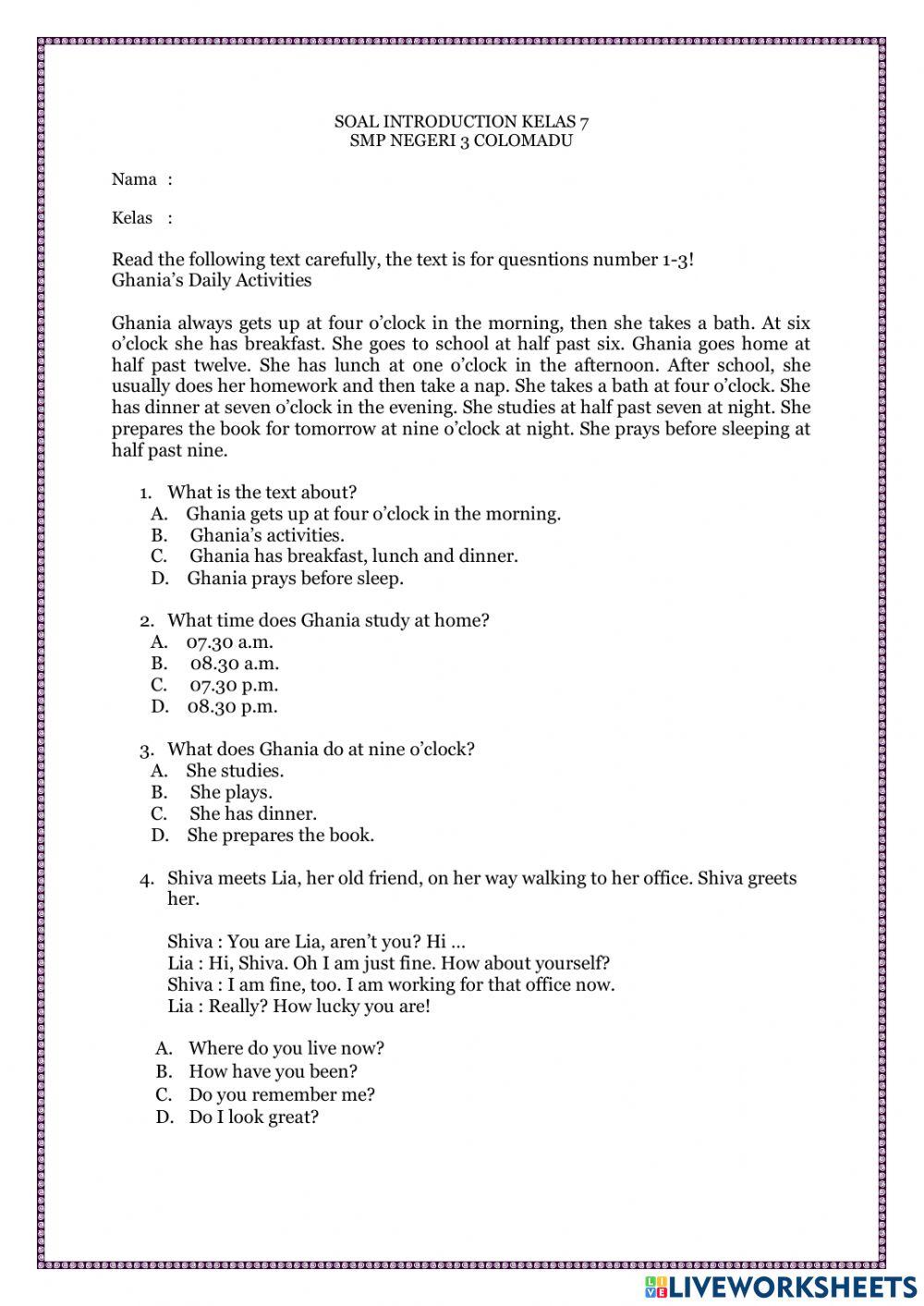 Introduction online activity for 7 | Live Worksheets