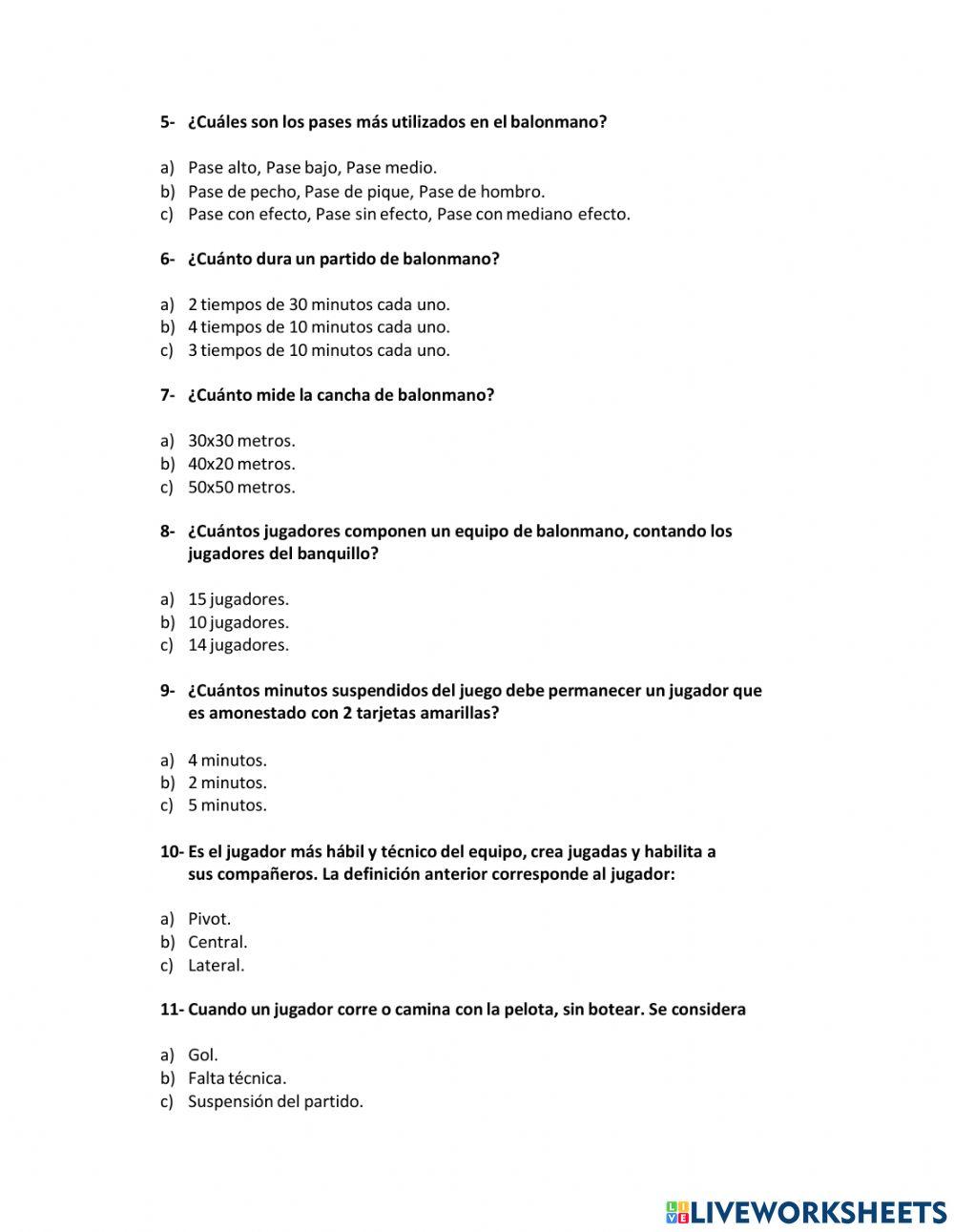 Cuestionario generalidades balonmano