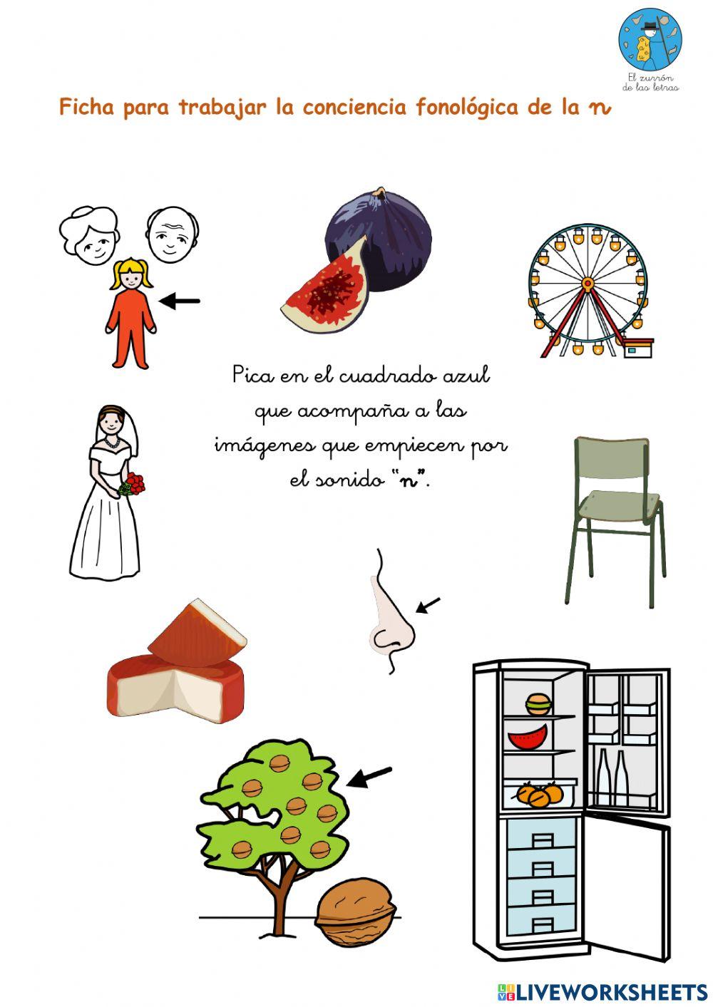 Ficha interactiva para trabajar conciencia fonológica del sonido “n” (El zurrón de las letras)