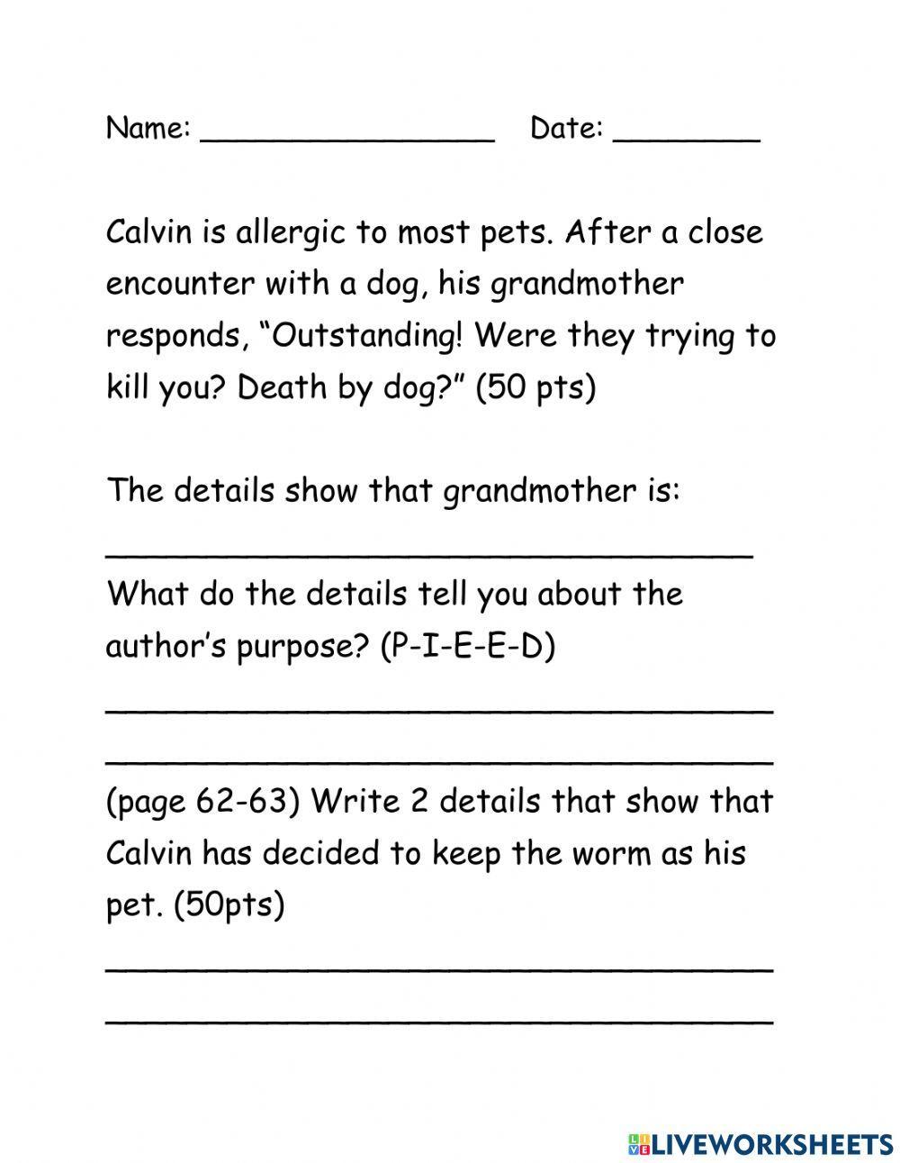 A Pet for Calvin Worksheet
