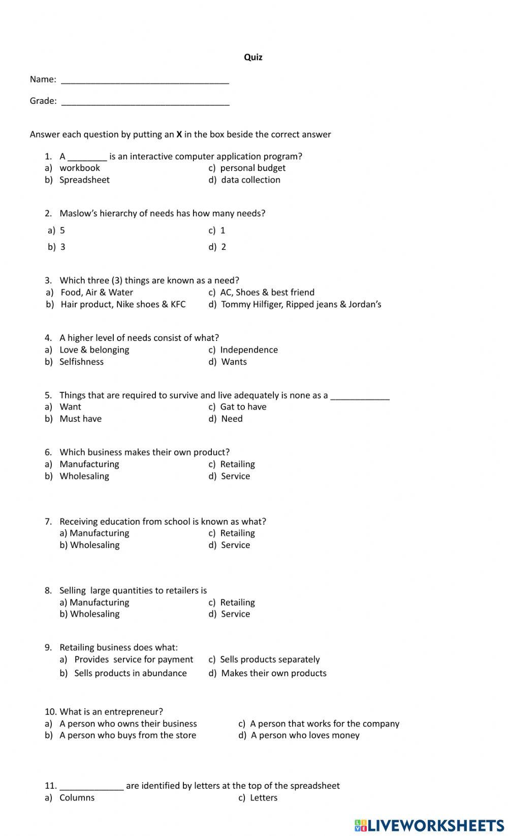 Grade 9 Entrepreneur Quiz Online Exercise For Live Worksheets grade-9-entrepreneur-quiz-online-exercise-for-live-worksheets