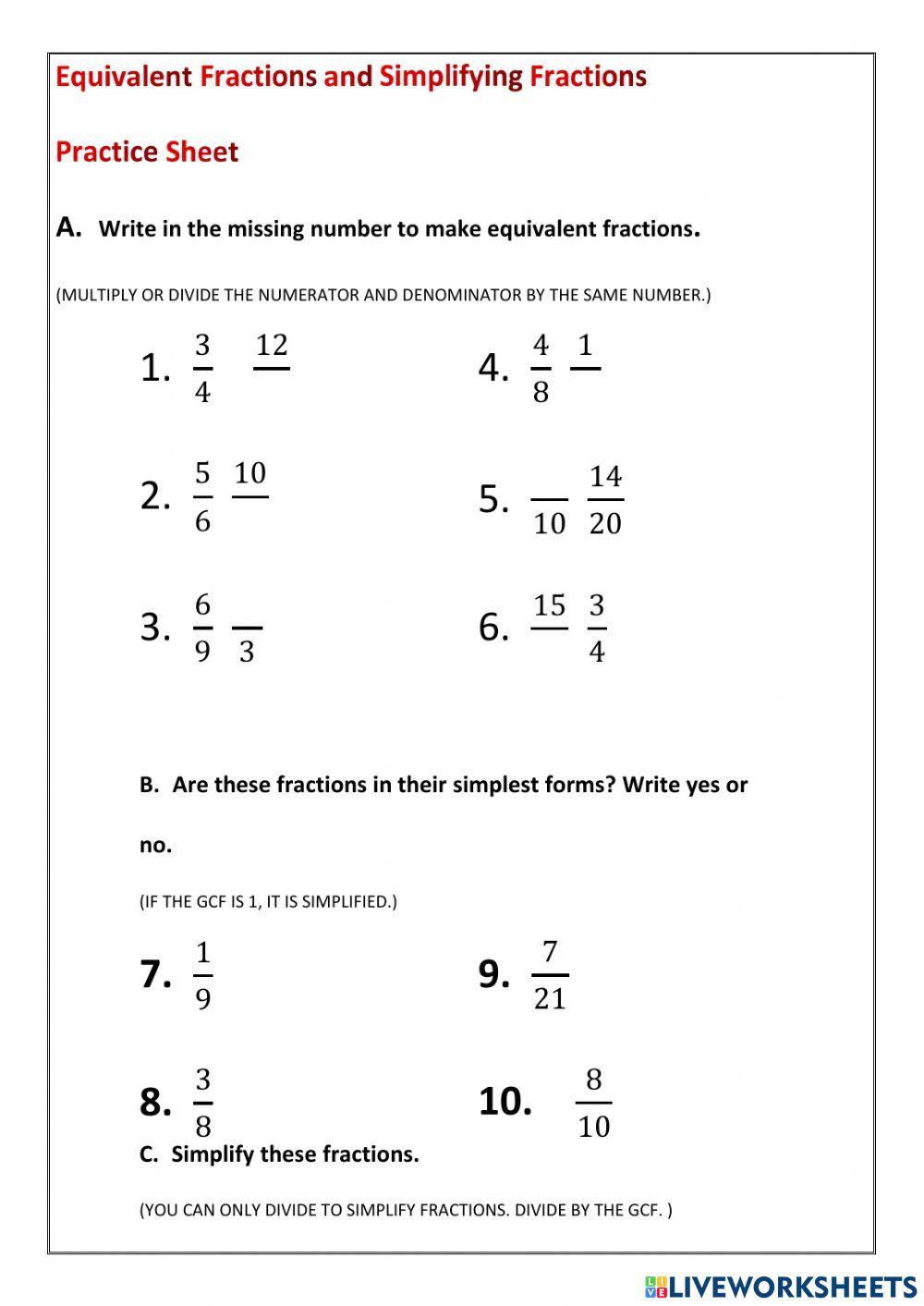 Simplifying Fractions- Equivalent Fractions