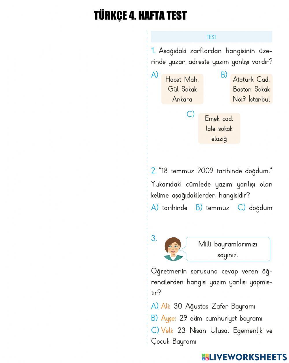 Türkçe 4. Hafta Testi