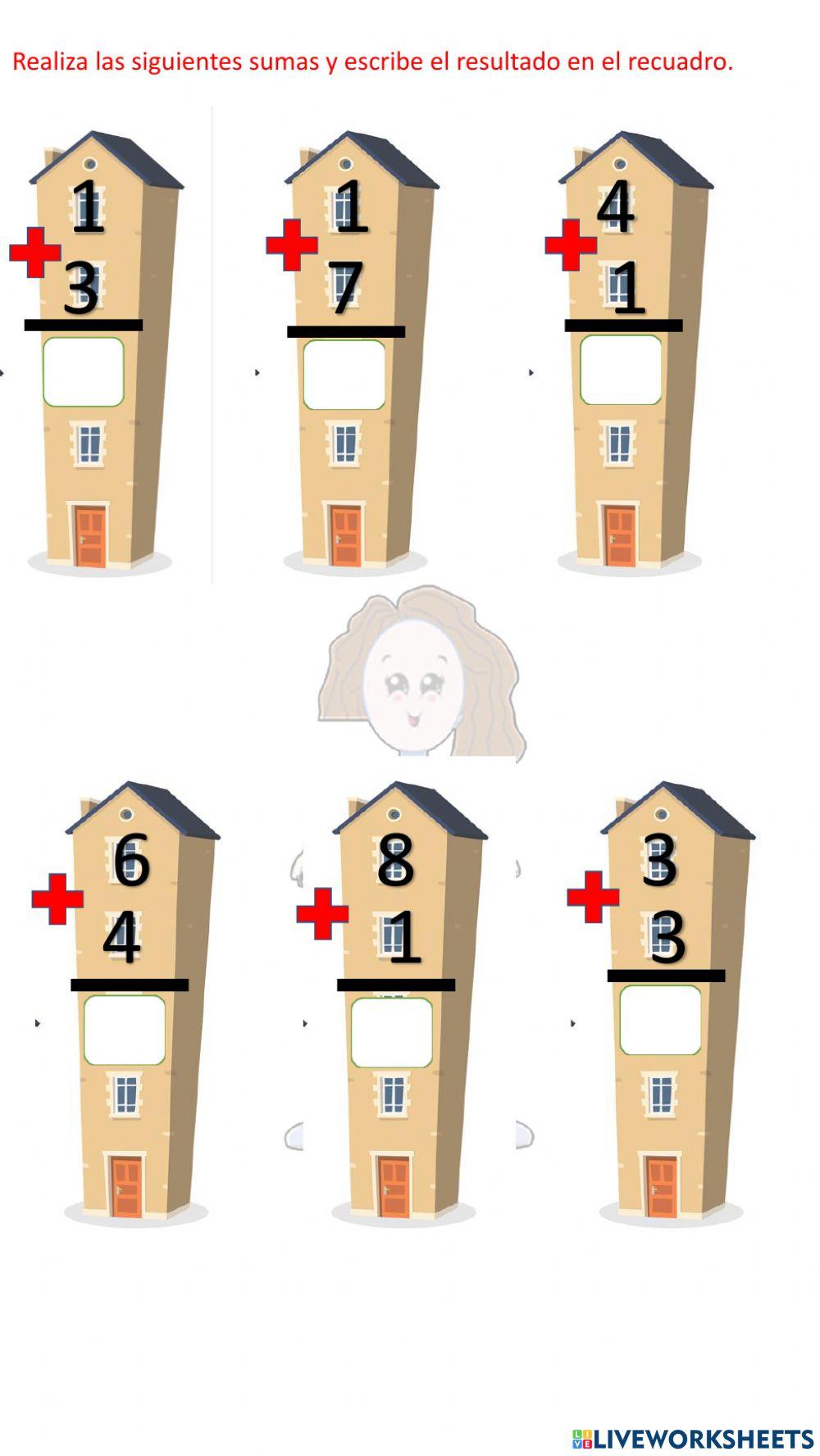Realiza las siguientes sumas y escribe la respuesta en el recuadro.