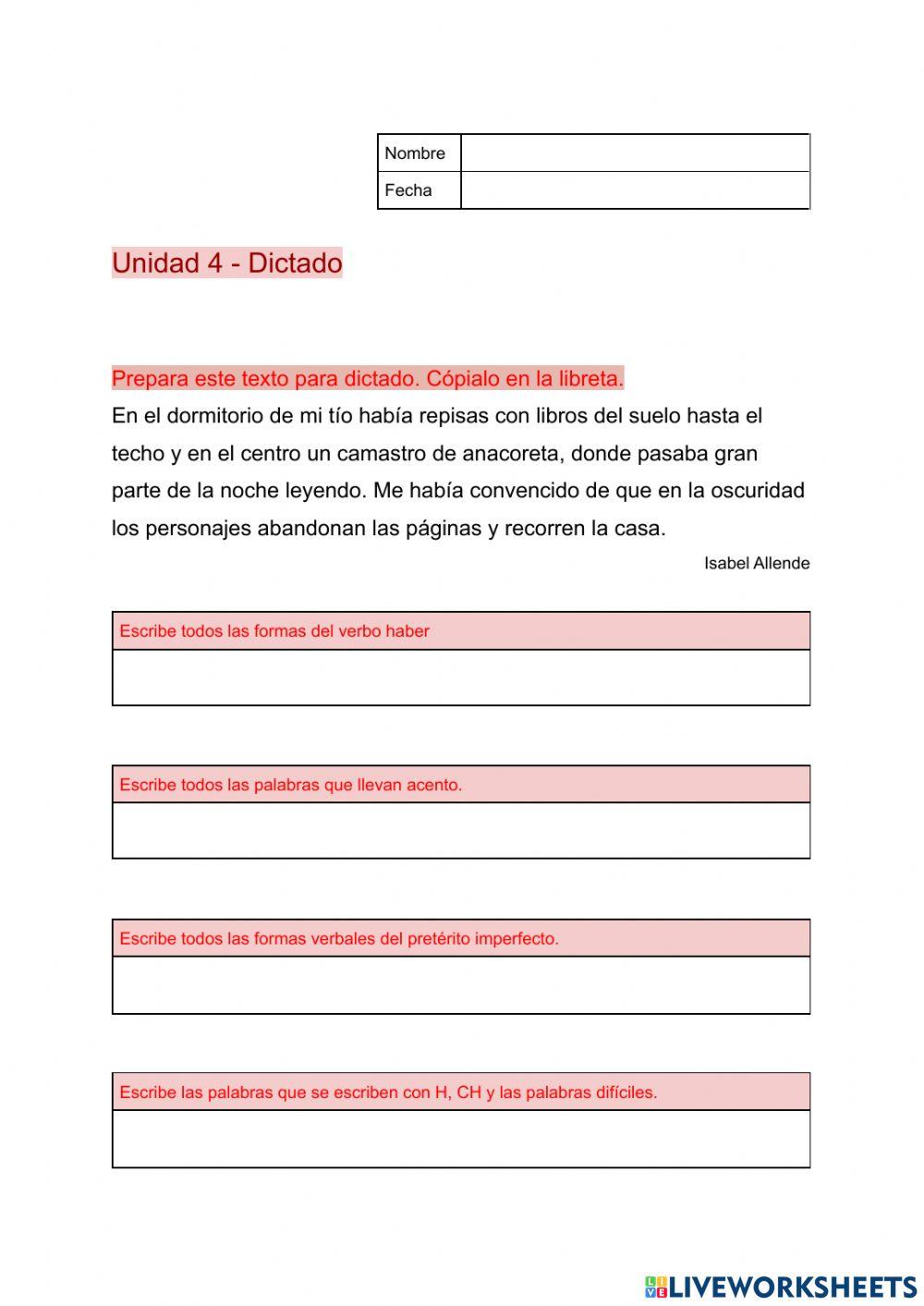 Dictado - pretérito iimperfecto - verbo Haber