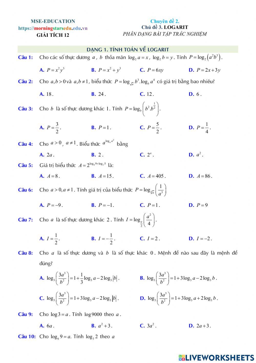 Giải tích 12 - Chương 2 - Bài 3. Logarit