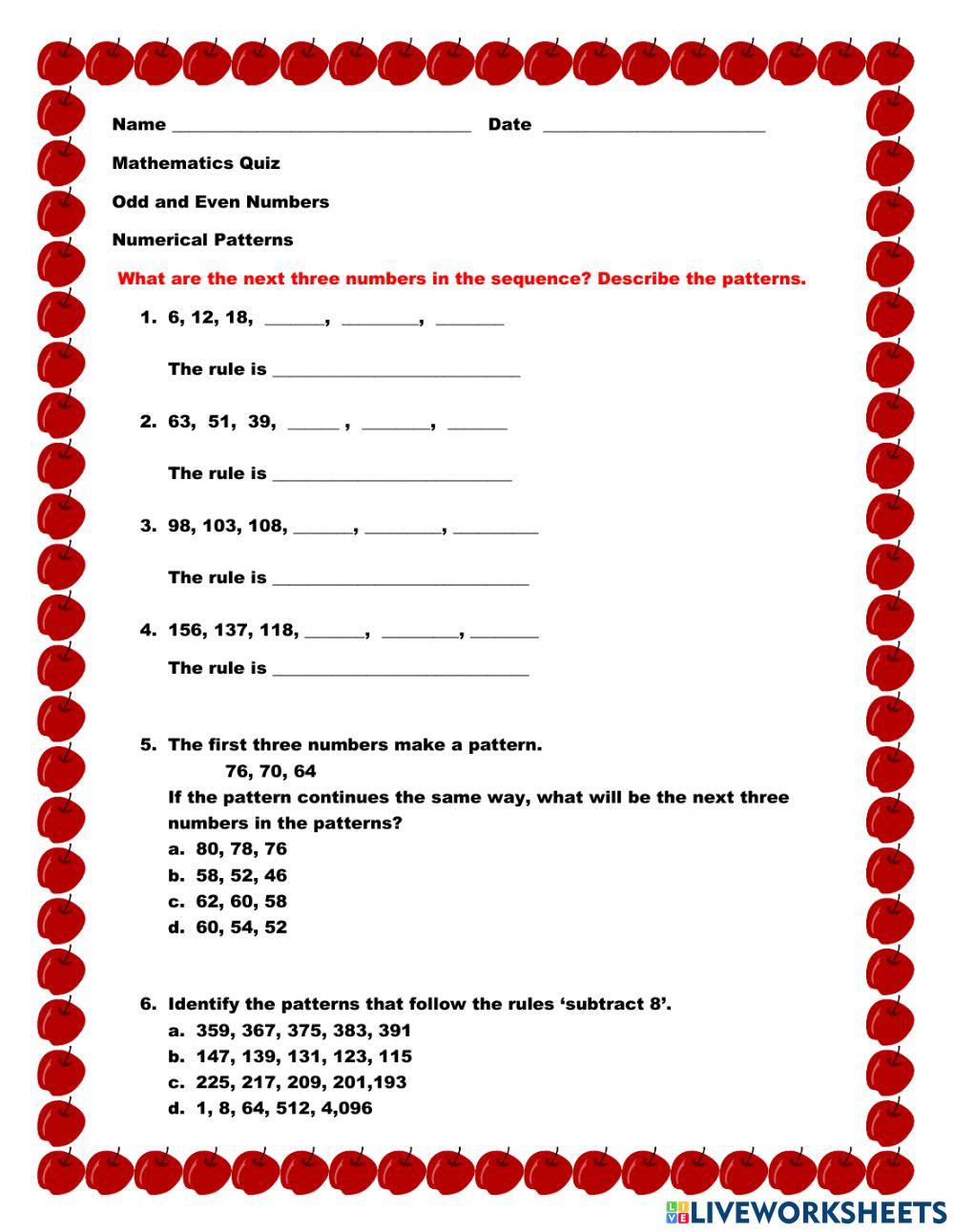 Patterns, Odd and Even Numbers worksheet | Live Worksheets