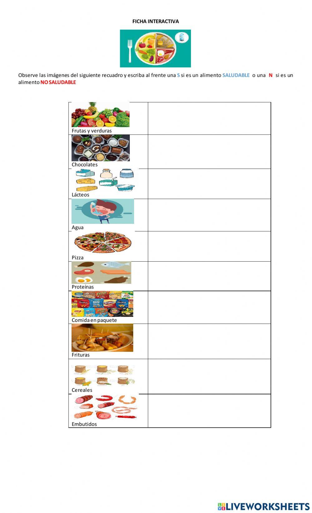Ficha interactiva alimentos saludables y no saludables