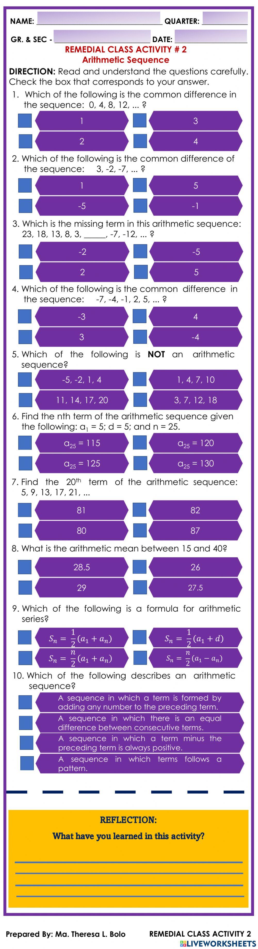 Remedial activity - 2: arithmetic sequence
