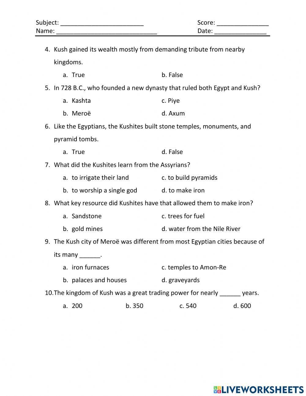The kingdom of kush worksheet live worksheets