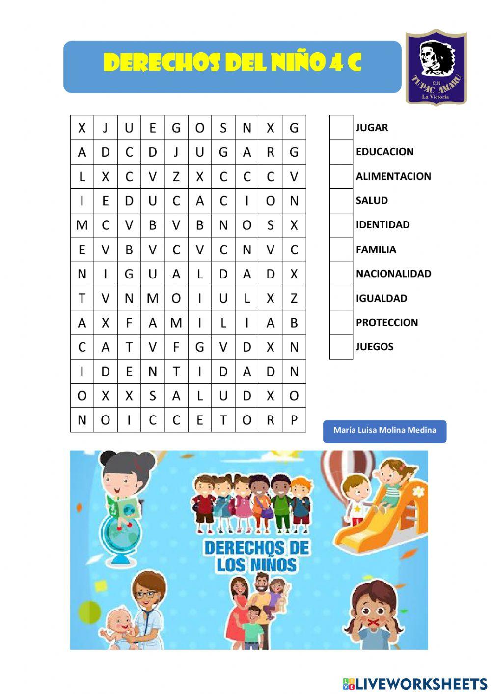 Sopa de letras de los derechos del niño