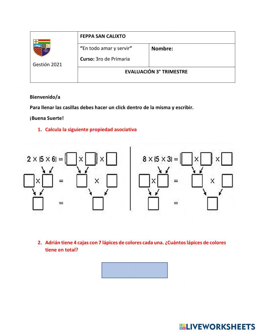 Evaluación 3 Trimestre Matemáticas