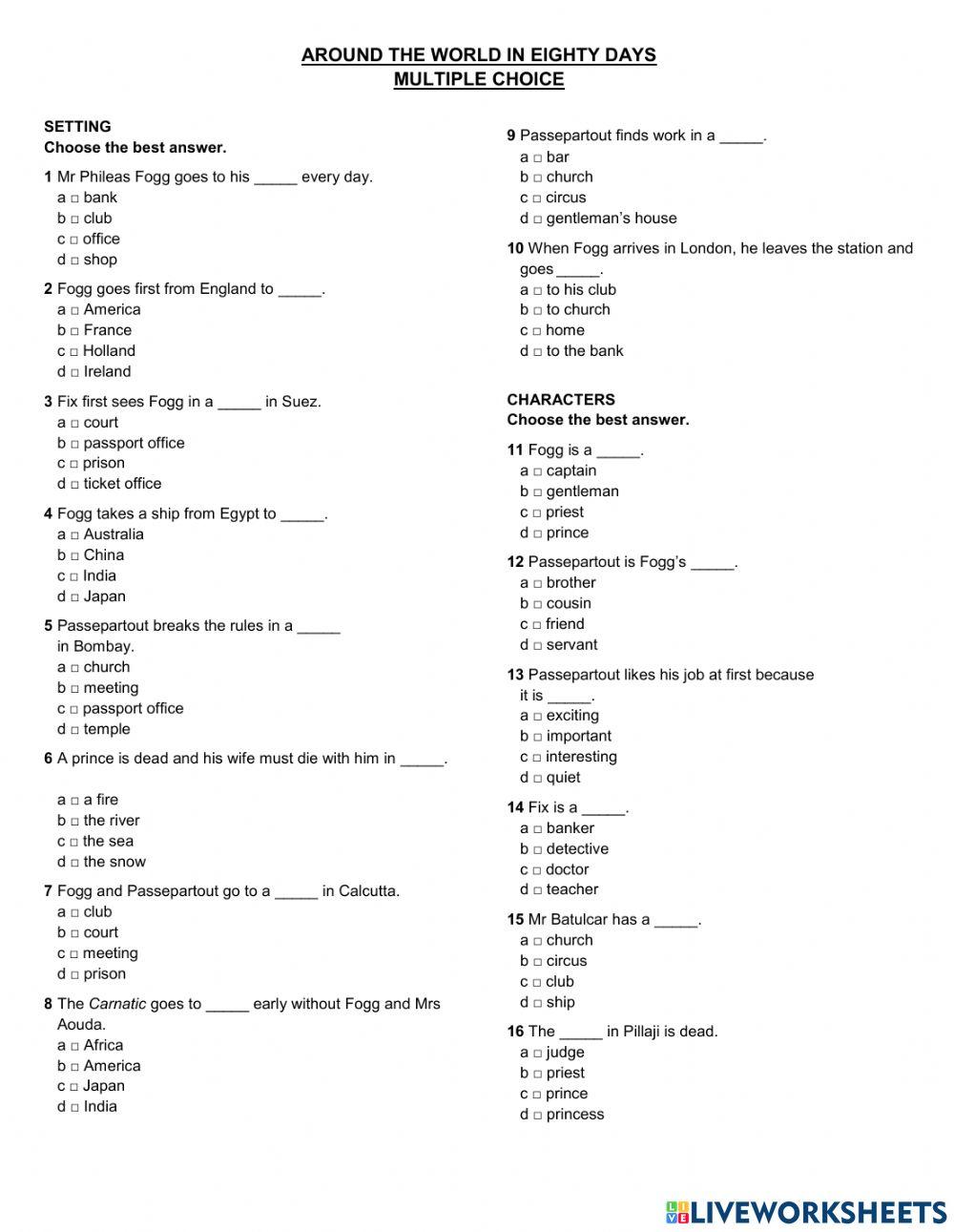 Around the world in eighty days- multiple choice