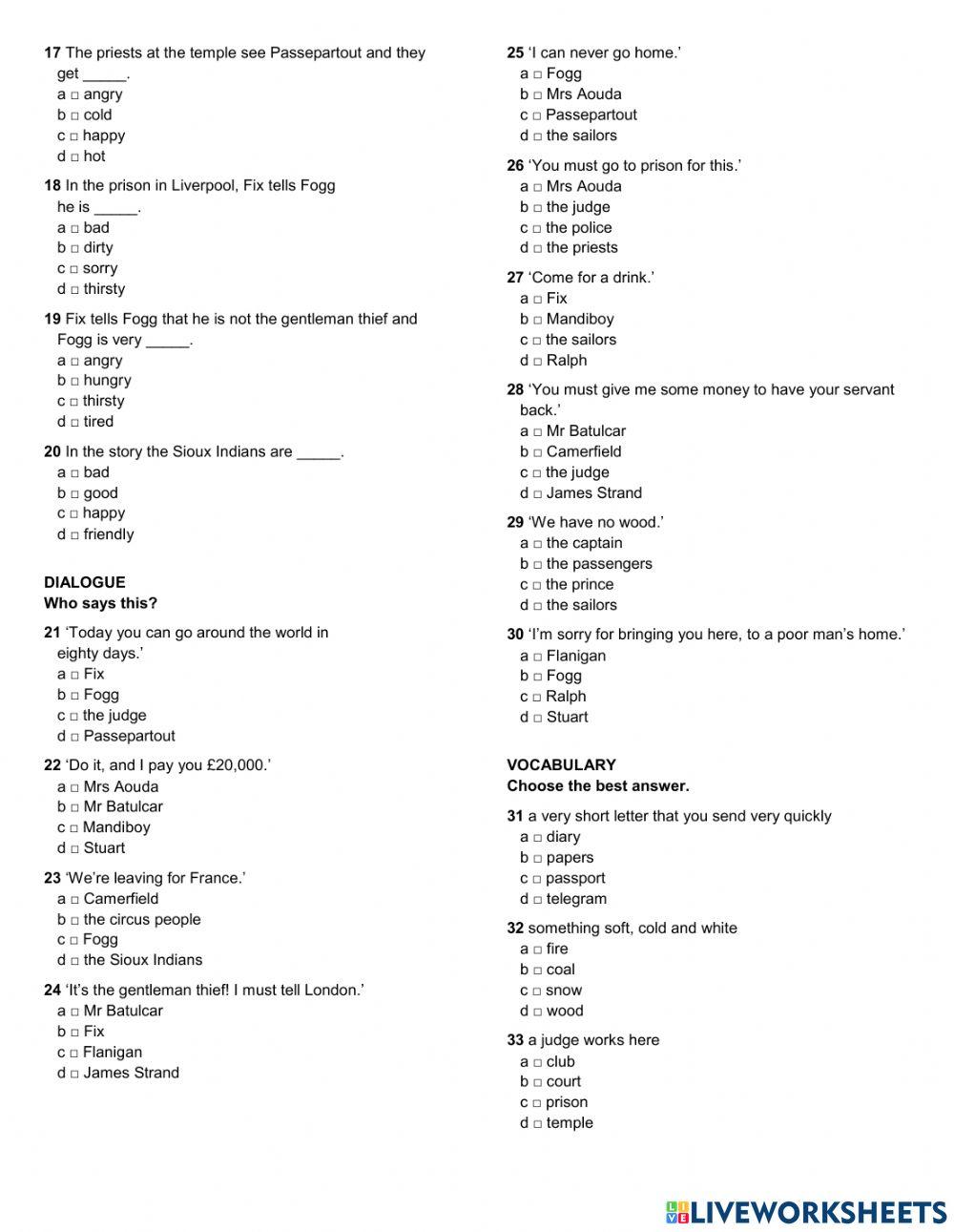 Around the world in eighty days- multiple choice